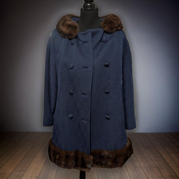 Zelinka Matlick 1950s Vintage Navy Blue Virgin Wool Button Down Coat With Fur Tr - Picture 1 of 9